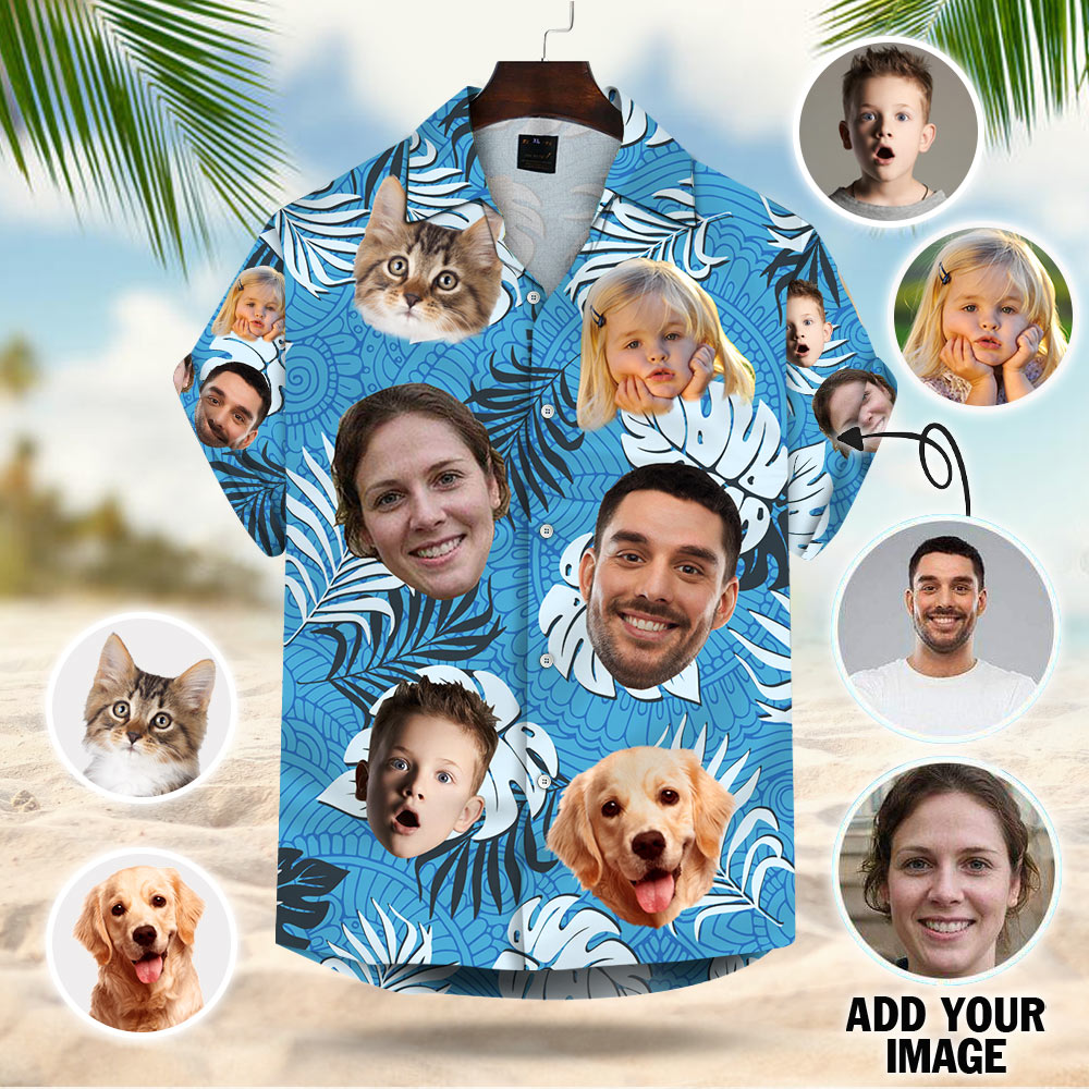 Custom Dog Cat Face Leaves & Flowers Hawaiian Shirt, Custom Hawaiian Shirt With Multiple Faces