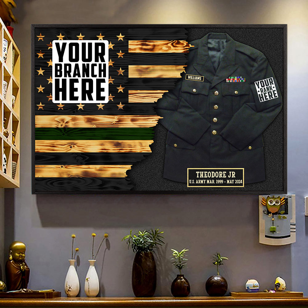 Personalized Branch & Name Half Thin Green Line Military Dress Blues Uniform Veteran Poster Canvas For Veterans H2511