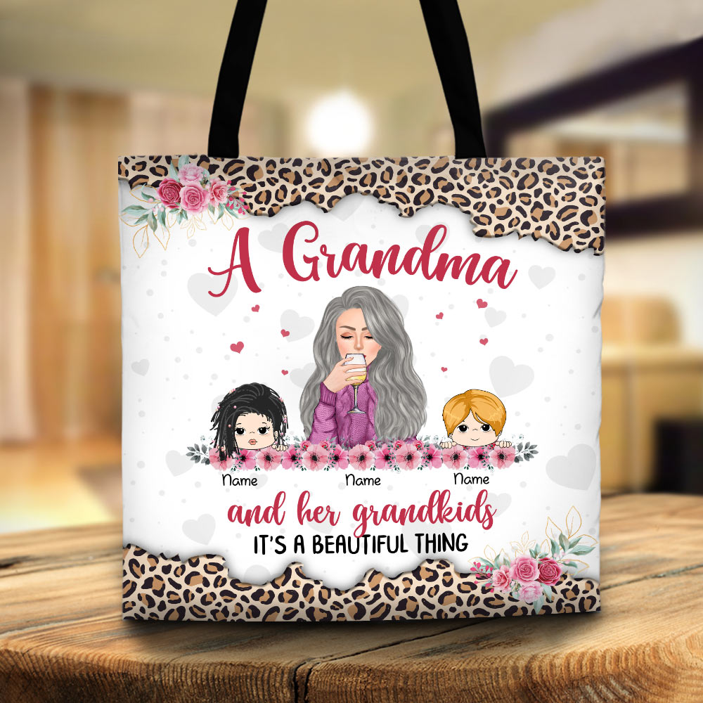 A Grandma And Her Grandkids It's A Beautiful Thing Printed Leopard Pattern Personalized Tote Bag For Grandma
