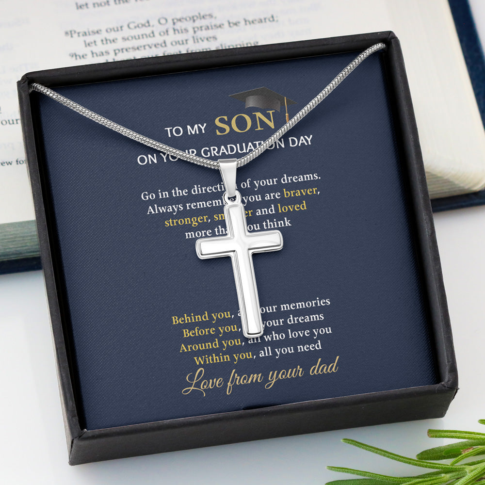 Personalized To My Son On Your Graduation Day Stainless Cross Necklace Gift From Dad, Dad To Son Necklace, Son Go In The Direction Of Your Dreams