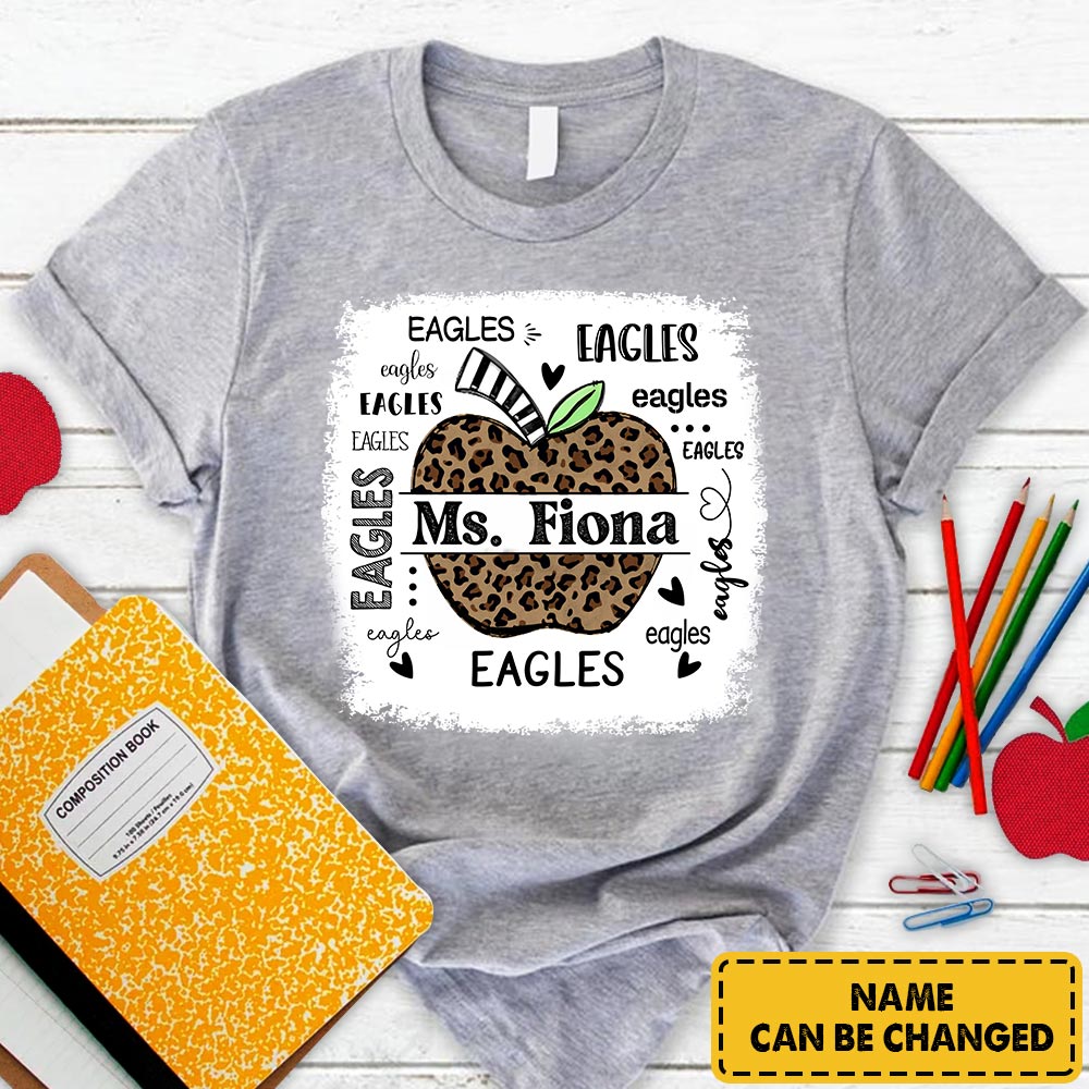 Personalized Eagles Custom Name Apple Leopard T-Shirt For Teacher