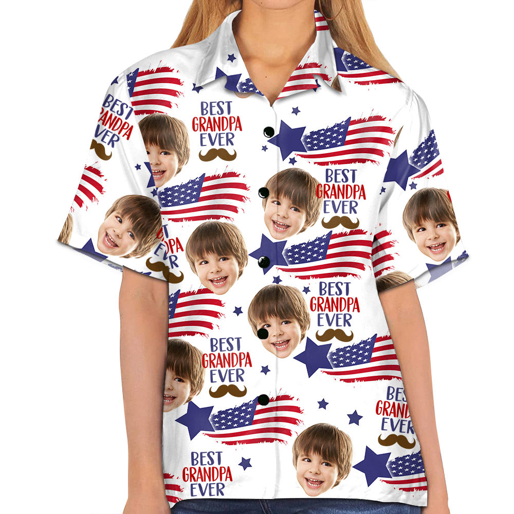 Custom Photo Best Grandpa Ever - Family Personalized Custom Unisex Patriotic Hawaiian Shirt