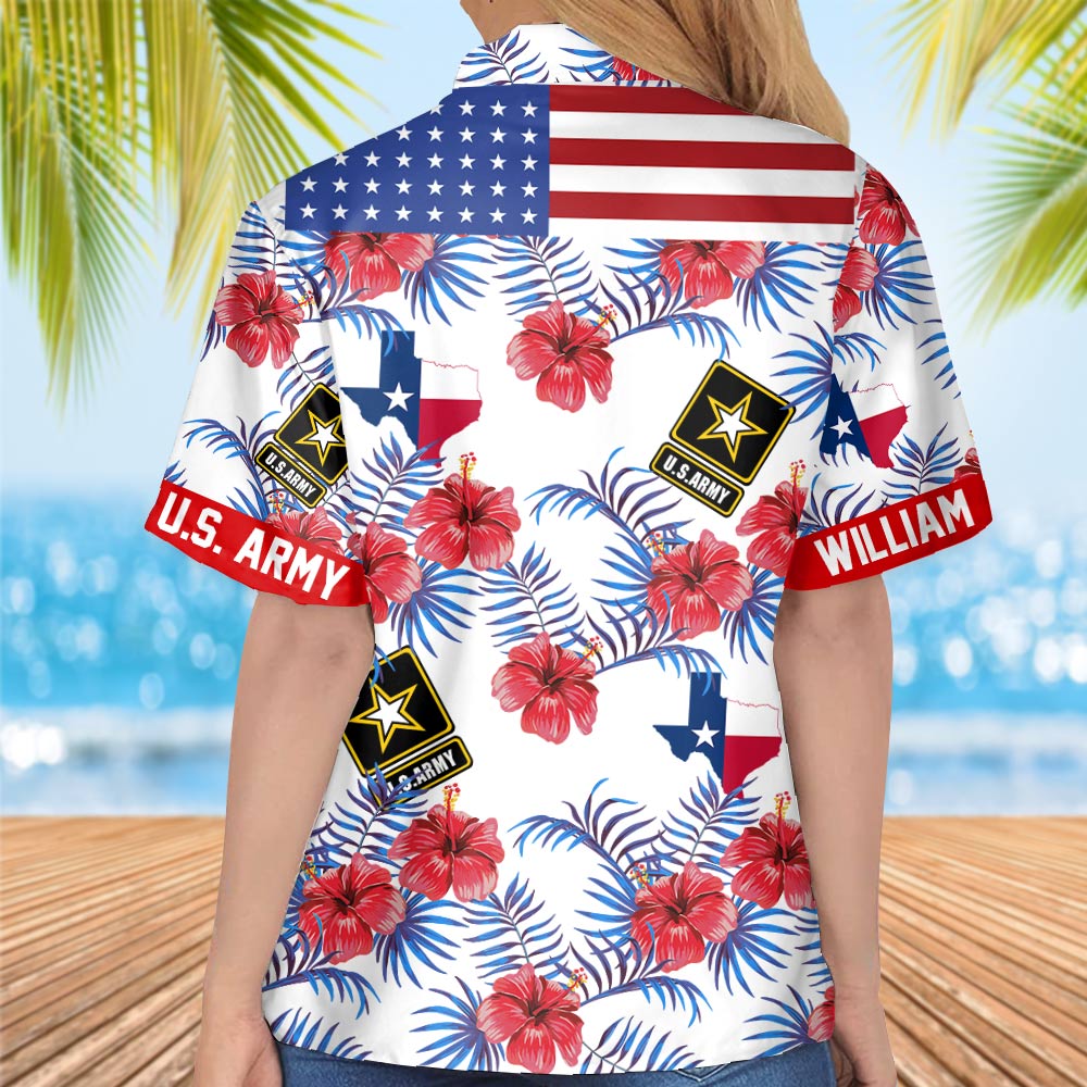 Yropical Palm Leaves and Flowers Hibiscus Personalized Hawaiian Shirt For Veteran Custom States Flag Branch Name H2511