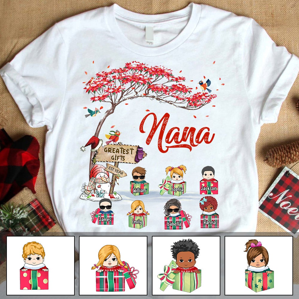 Nana Greatest Gifts Est Year Poinsettia Tree Christmas Personalized Shirt For Grandmas