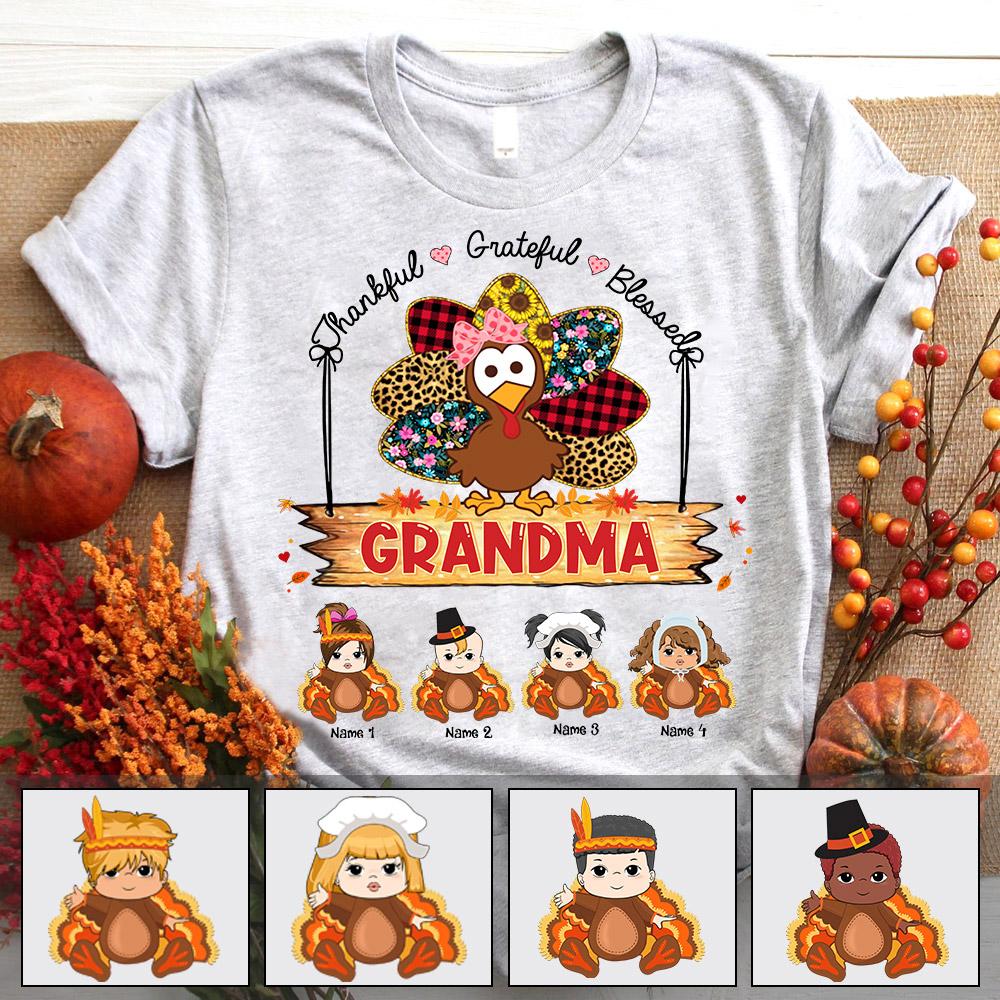Custom Thankful Grateful Blessed Grandma Turkey Shirt - Custom Thanksgiving Shirt For Family