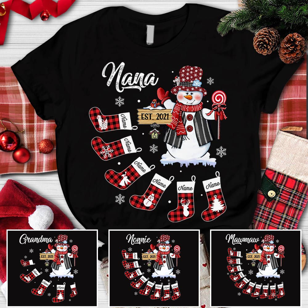 Personalized Grandma Red Plaid Snowman With Stocking Christmas Shirt Nana With Grandkids Name Shirt