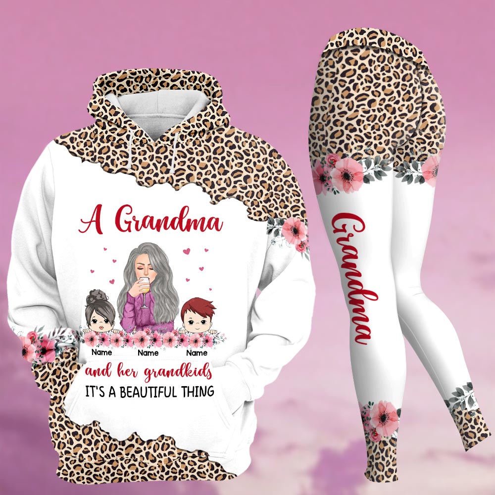 A Grandma And Her Grandkids It's A Beautiful Thing Leopard Pattern Personalized All Over Print, 3D Hoodie And Legging Set For Grandma