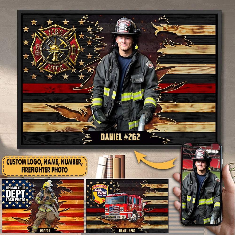 Personalized Poster Canvas For Firefighter Custom Logo Name Number And Photo Fireman Half Thin Red Line Fireman K1702
