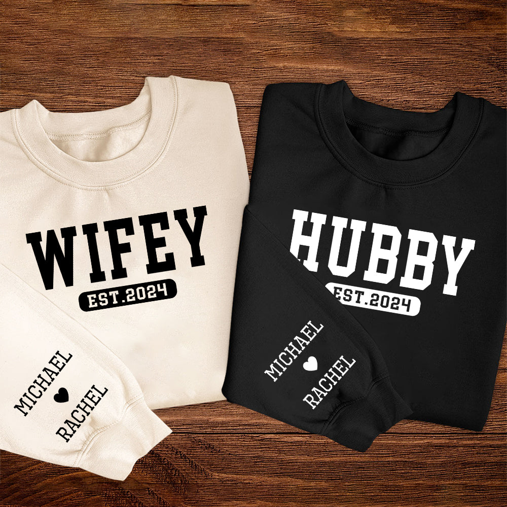 Wifey Hubby Custom Since Year - Couple Personalized Custom Couple Sweatshirt With Design On Sleeve - Gift For Husband Wife