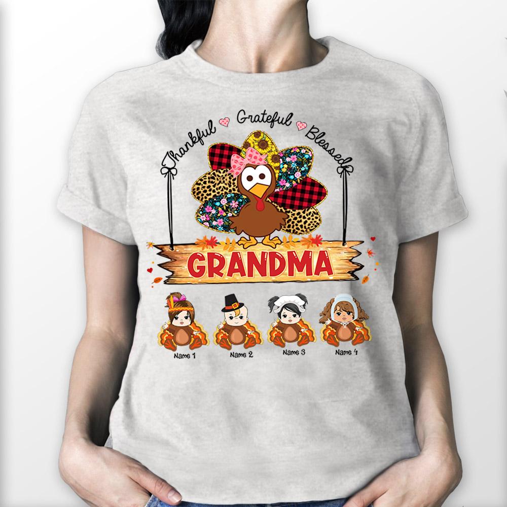 Custom Thankful Grateful Blessed Grandma Turkey Shirt - Custom Thanksgiving Shirt For Family