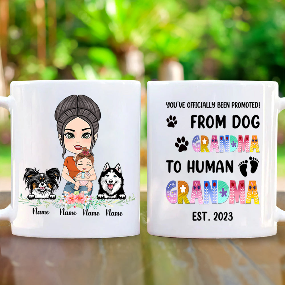 You’ve Officially Been Promoted From Dog Grandma To Human Grandma Personalized Mug - Baby Shower Mother's Day Mug For New Grandma