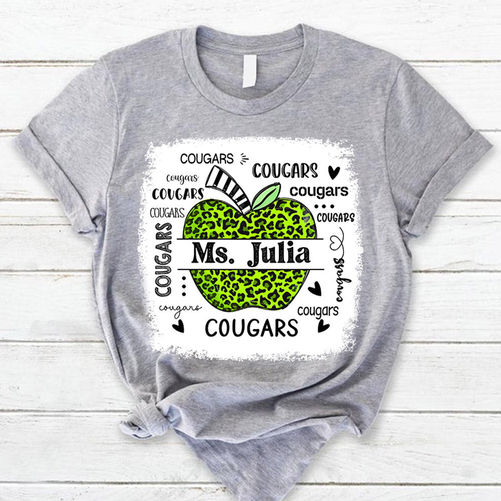 Personalized Cougars Leopard Apple Custom Name T-Shirt Teacher Appreciation Gift