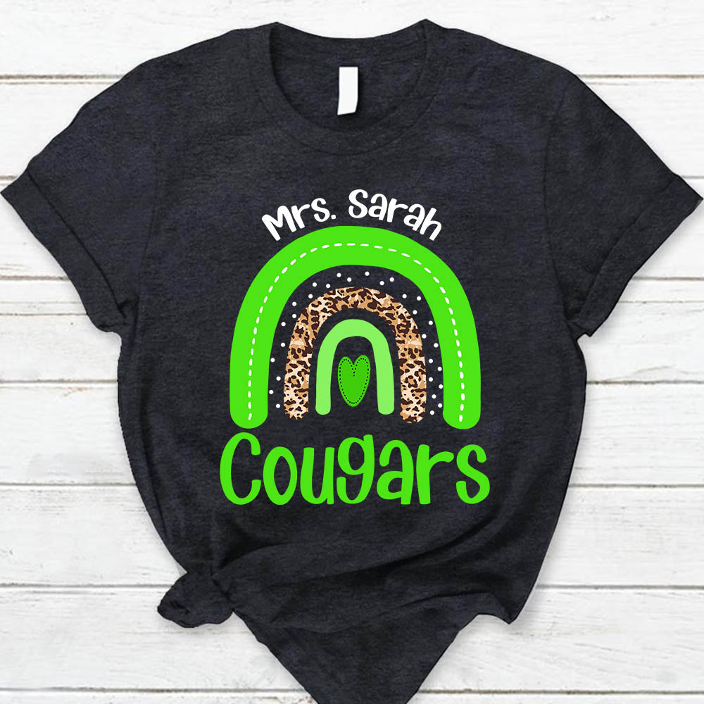 Personalized Cougars Rainbow School Mascot Custom Teacher's Name T- Shirt