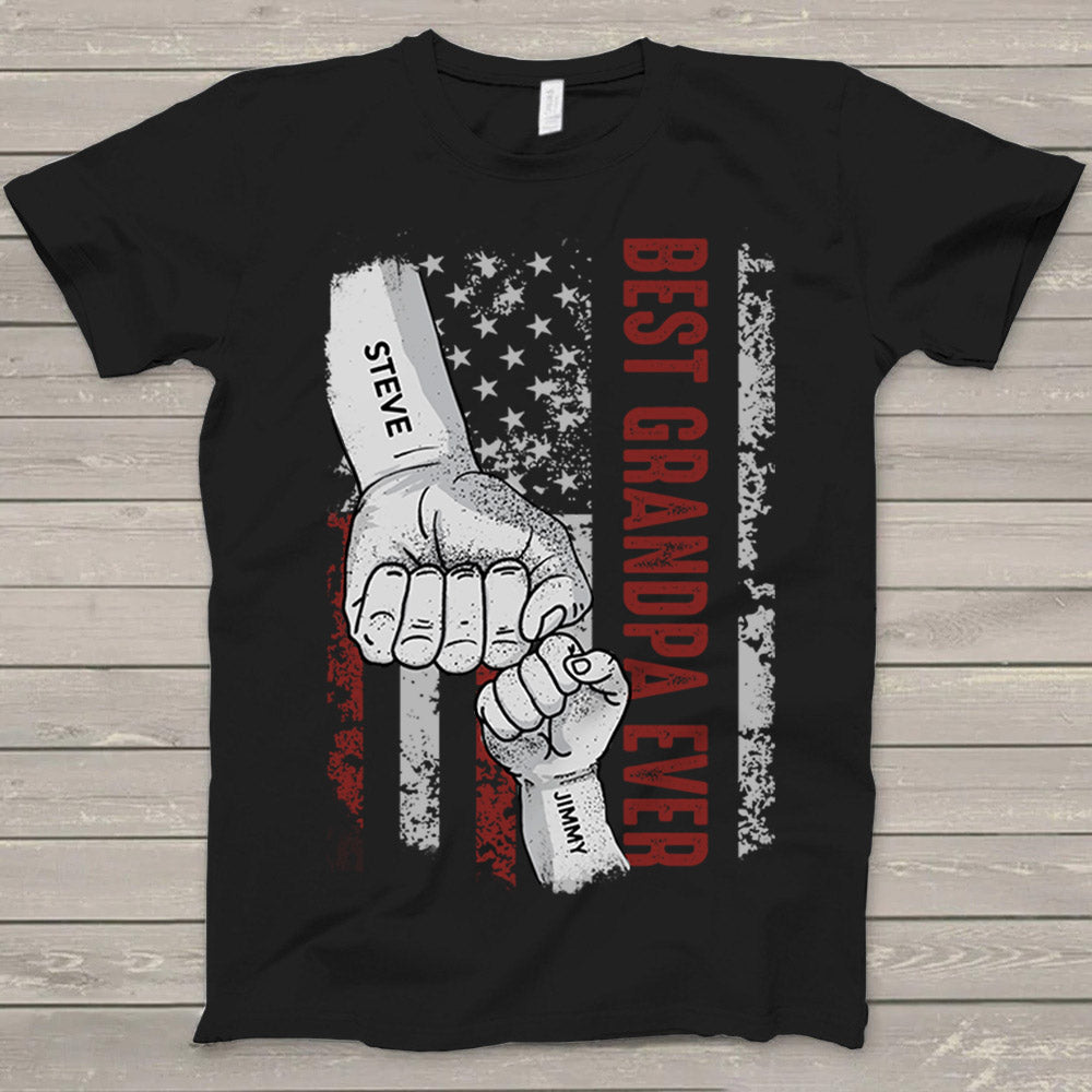 Papa Hand And Grandkid's Hand Flag Usa Personalized T-Shirt For Grandpa