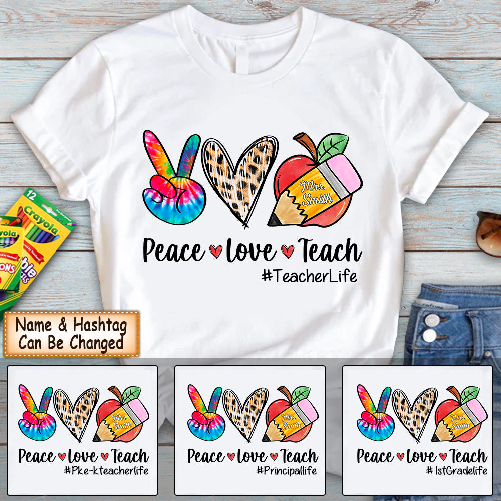 Personalized Shirt Peace Love Teach Shirt, Teacher Shirt, , Leopard Printed Heart Shirt Hk10