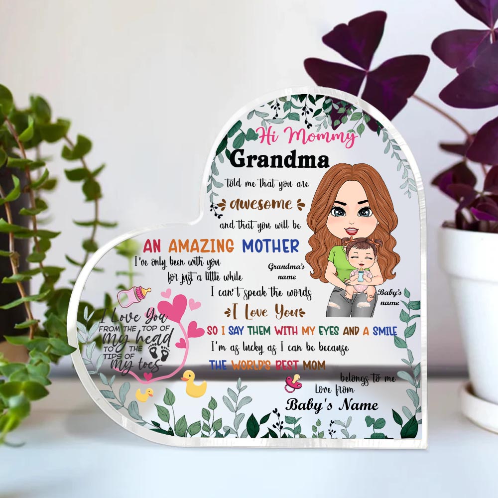New Mom Gift From Grandma And Baby Personalized Heart Acrylic Plaque