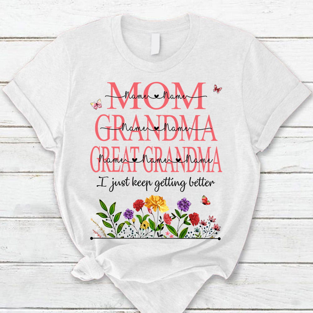 Personalized Mom Grandma Great Grandma Carnation Garden With Butterflies Custom Kids Names Shirt For Grandma