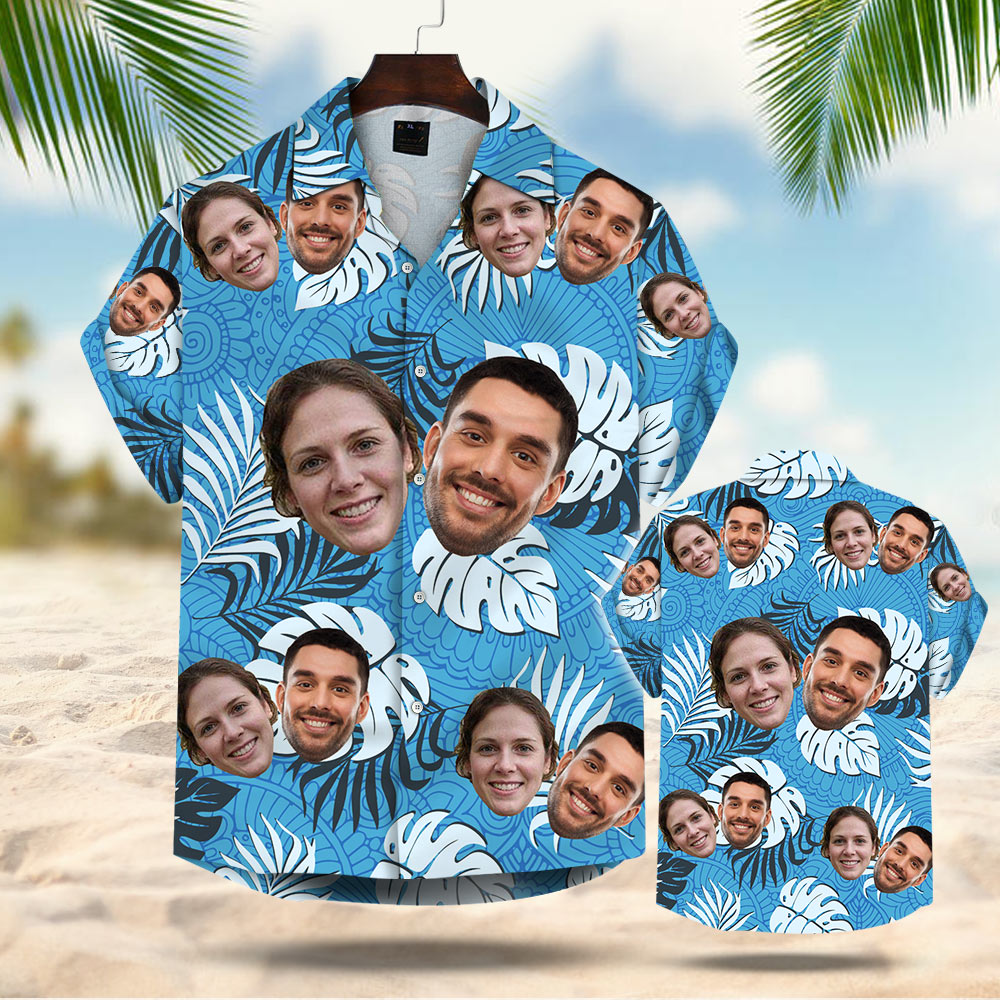 Custom Face Leaves & Flowers Pattern Hawaiian Shirt For Men For Her