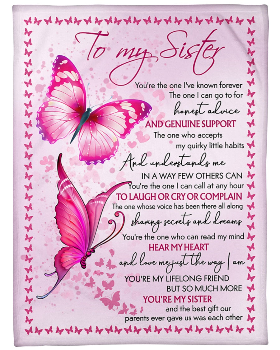 Personalized To My Sister Pink Butterfly Blanket From Sister, To My Sister You Are The One I've Known Forever Pink Butterfly Blanket Gifts For Sister.
