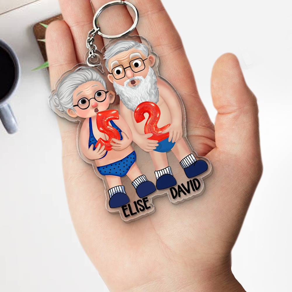 Old Couple Holding Balloons Anniversary Gift Personalized Acrylic Keychain