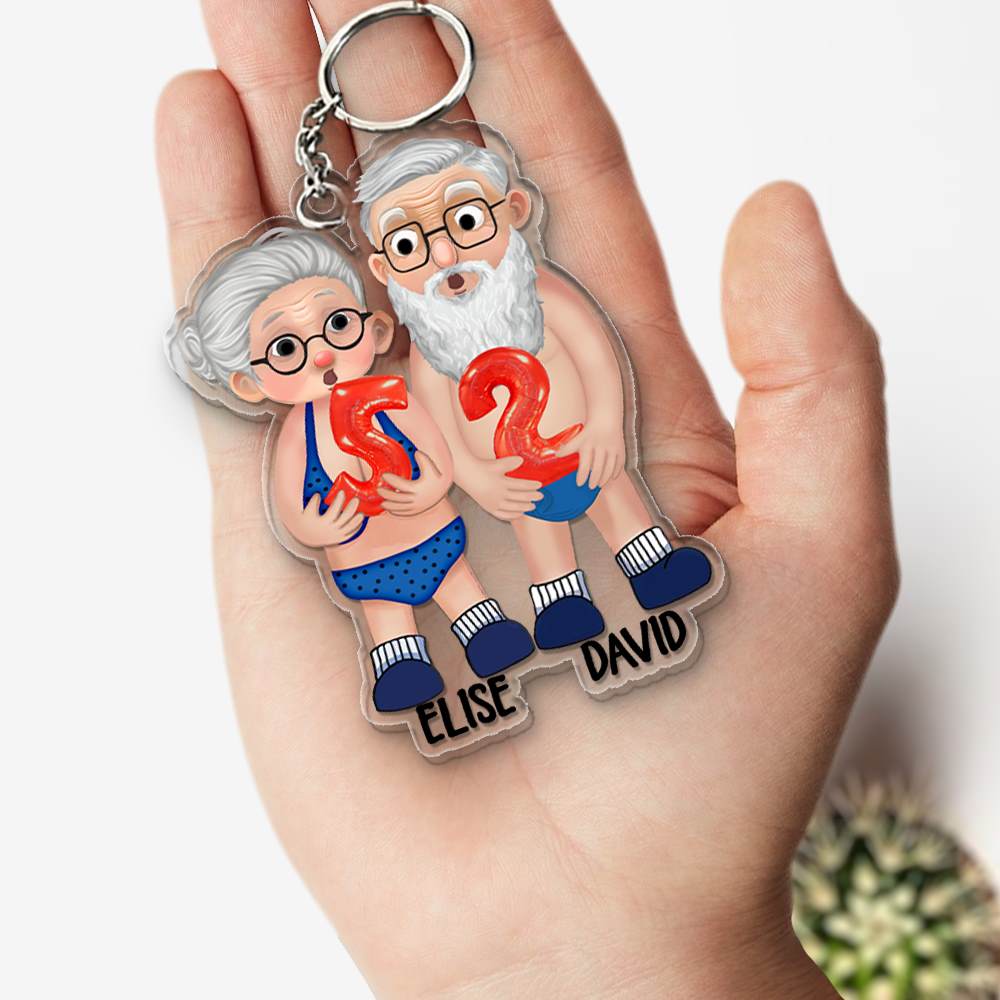 Old Couple Holding Balloons Anniversary Gift Personalized Acrylic Keychain