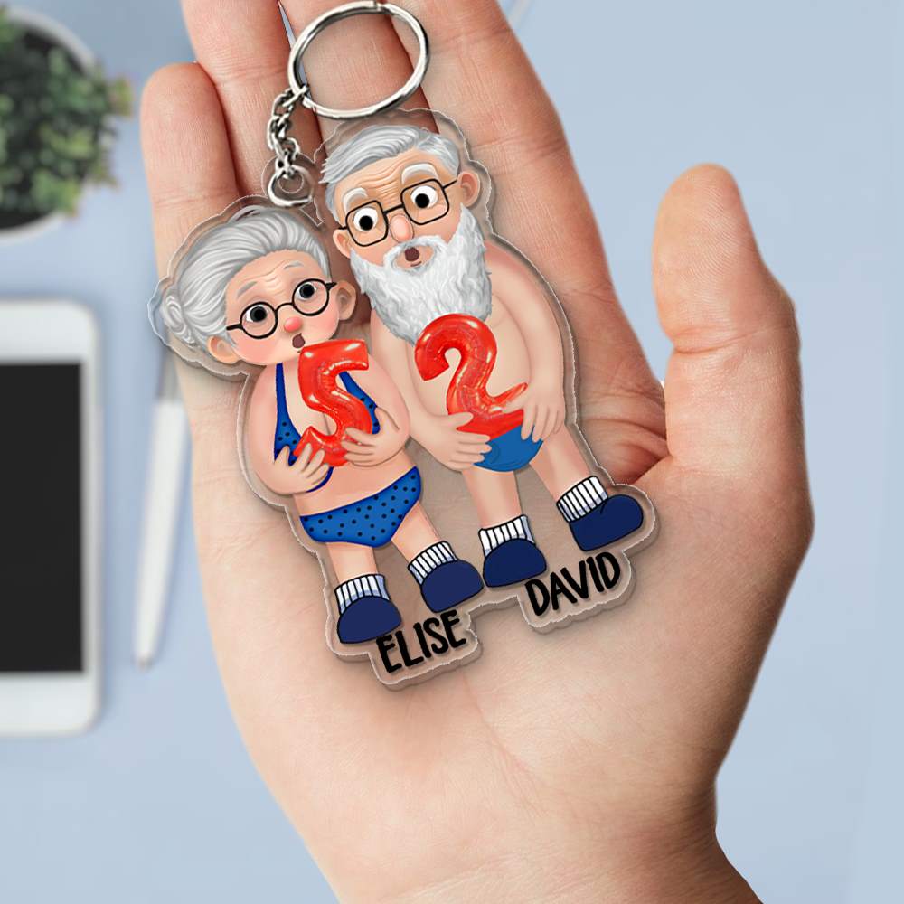 Old Couple Holding Balloons Anniversary Gift Personalized Acrylic Keychain