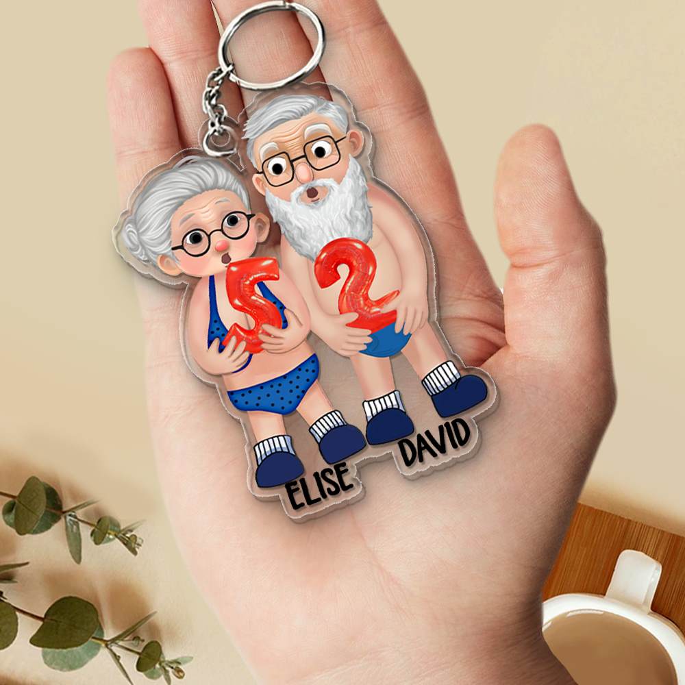 Old Couple Holding Balloons Anniversary Gift Personalized Acrylic Keychain
