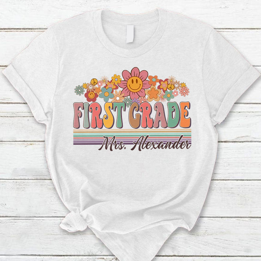 Personalized Shirt Groovy Back To School,Retro First Grade Designs Shirt, Floral Hippie First Day Of School Shirt Hk10