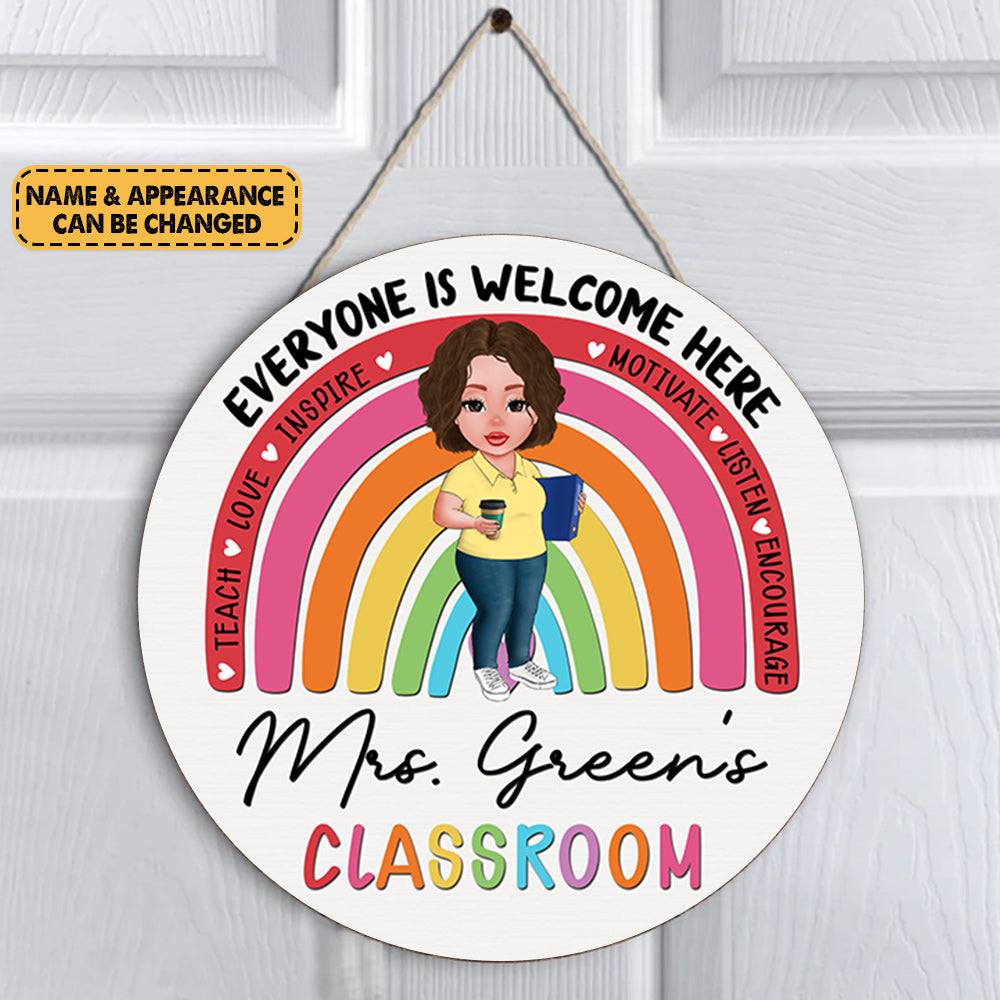 Personalized Everyone Is Welcome Here, Classroom Door Sign, Teacher Welcome Round Wooden