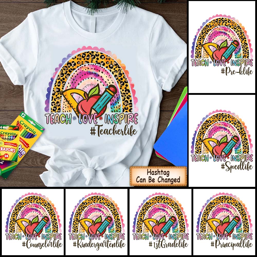 Perosnalized Shirt Teacher Love Inspire Leopard Rainbow Tie Dye Watercolor Shirt For Teacher Hk10
