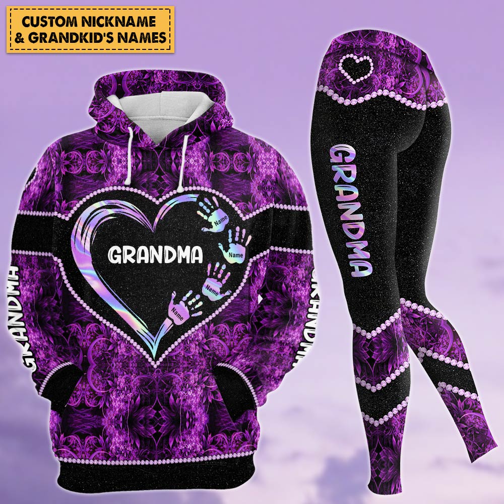 Nana Heart Handprints Hologram Personalized All Over Print Shirt, 3D Hoodie, Tank Top And Legging Set For Grandma