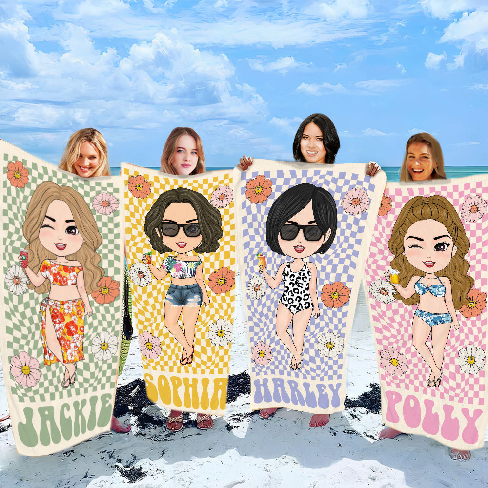 Girls Besties Custom Beach Towel Retro Flowers Style - Gift For Besties Sisters