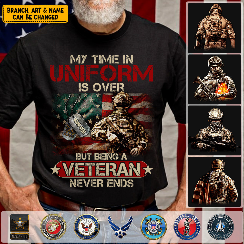 Personalized Shirt For Veteran Dad Grandpa Custom Name Branch My Time In Uniform Is Over But Being A Veteran Never Ends Shirt H2511