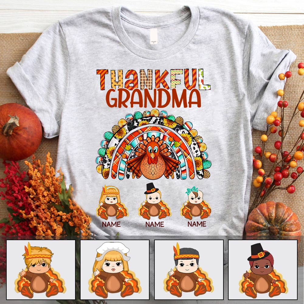 Personalized Grandma Turkey Thanksgiving Shirt Grandma With Grandkid Cute Turkey Shirt