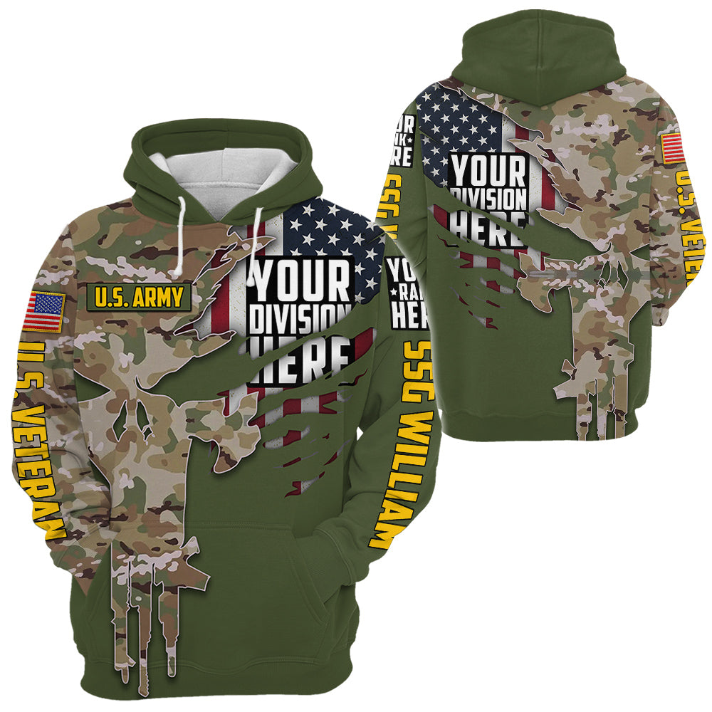 Camouflage Skull Custom Division Rank Personalized All Over Print Shirt For Veteran H2511