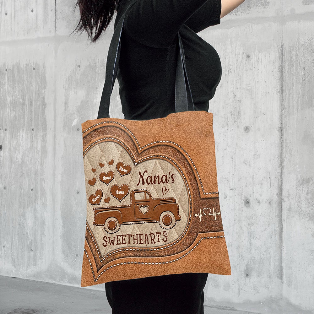 Personalized Nana's Sweethearts Leather Pattern Tote Bag Nana With Grandkids Name Truck Leather Pattern Tote Bag