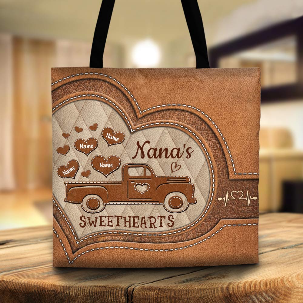 Personalized Nana's Sweethearts Leather Pattern Tote Bag Nana With Grandkids Name Truck Leather Pattern Tote Bag