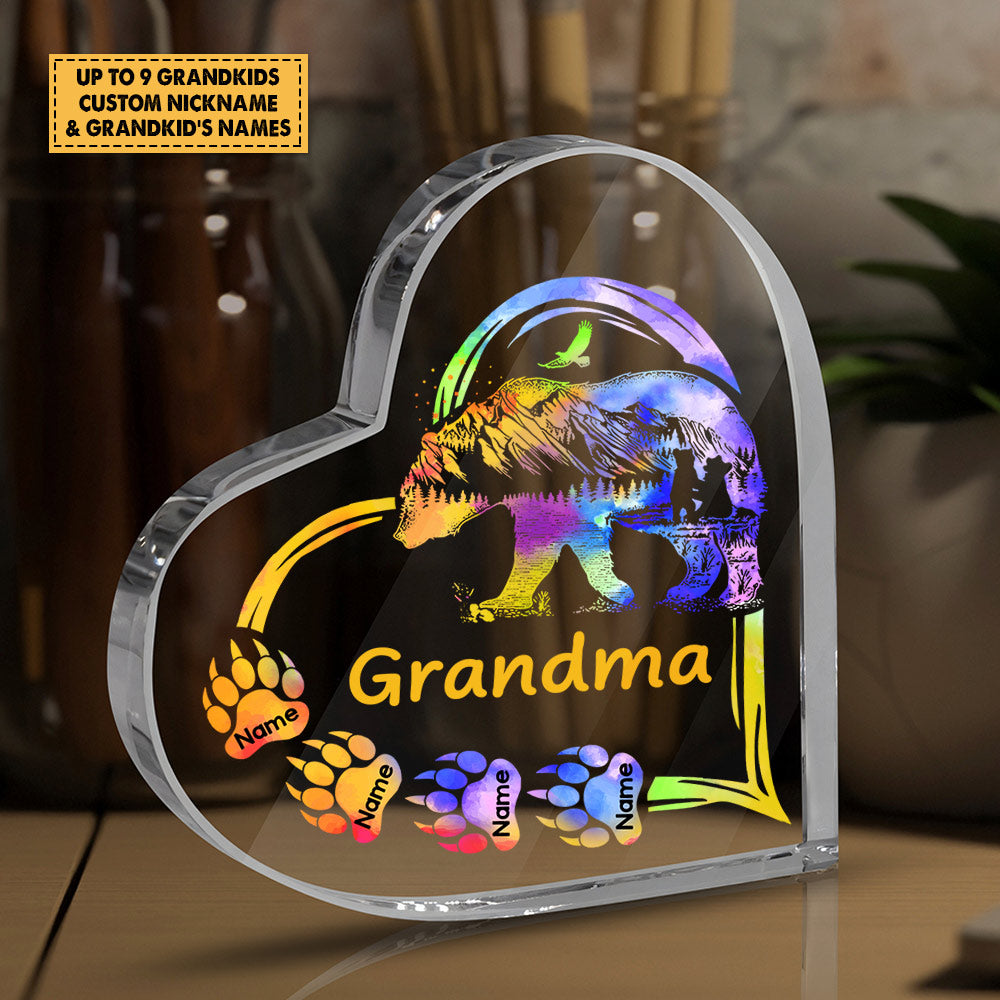 Personalized Acrylic Plaque Gift For Grandma - Grandma Bear Heart With Colorful Paws Acrylic Plaque