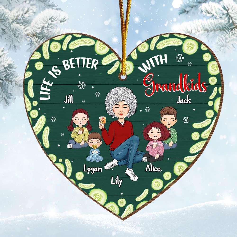 Grandma Grandkids Pickle Heart Personalized Wooden Ornament