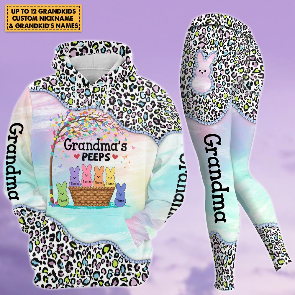Grandma's Peeps Cute Basket Colorful Leopard Pattern Personalized All Over Print, 3D Hoodie, Tank Top And Legging Set For Grandma