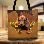 Dachshund Holding Sunflower Tote Bag Cute Dachshund Sunflower Leather Pattern Tote Bag