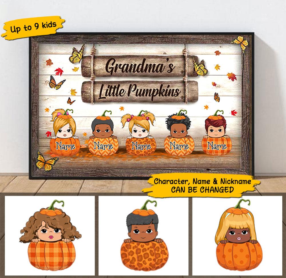 Grandma's Little Pumpkins Vintage Autumn Poster Canvas, Grandma Halloween Poster Canvas, Custom Grandma With Grandkids Name Poster Canvas.