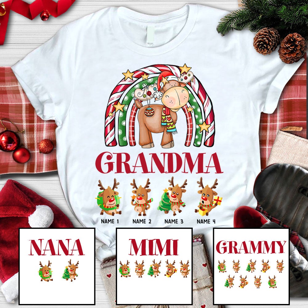 Personalized Grandma Reindeer Rainbow Christmas Shirt Grandma With Grandkids Name Cute Reindeer Shirt