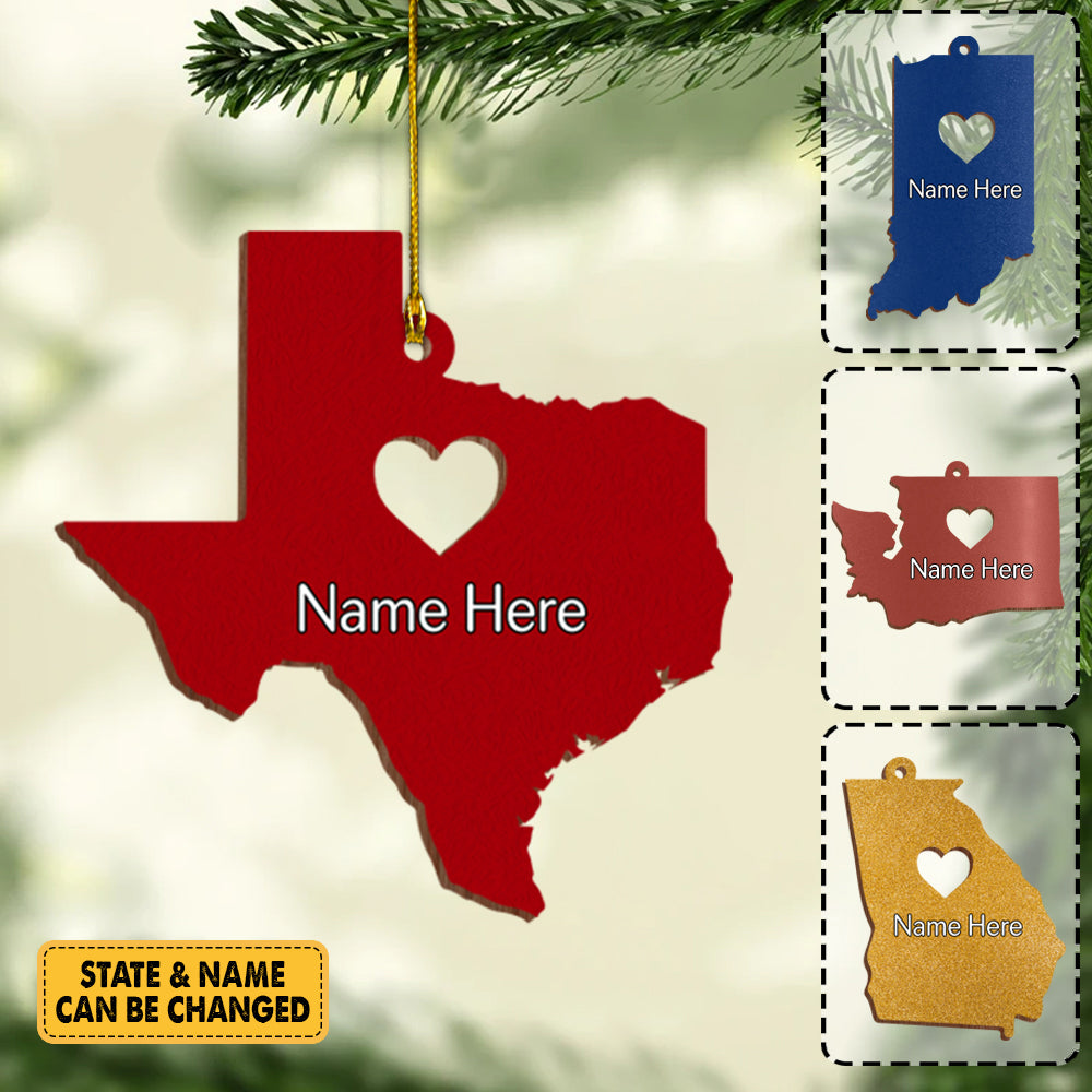 Personalized Long Distance Relationship State Christmas Tree Ornament With Heart - Wood Ornament