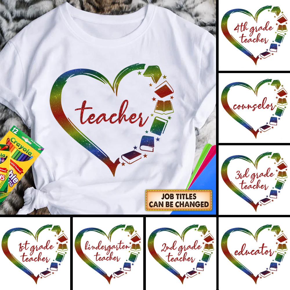 Personalized Title Teacher Books Distressed Heart, Colorful Heart Back To School T-Shirt For Teacher