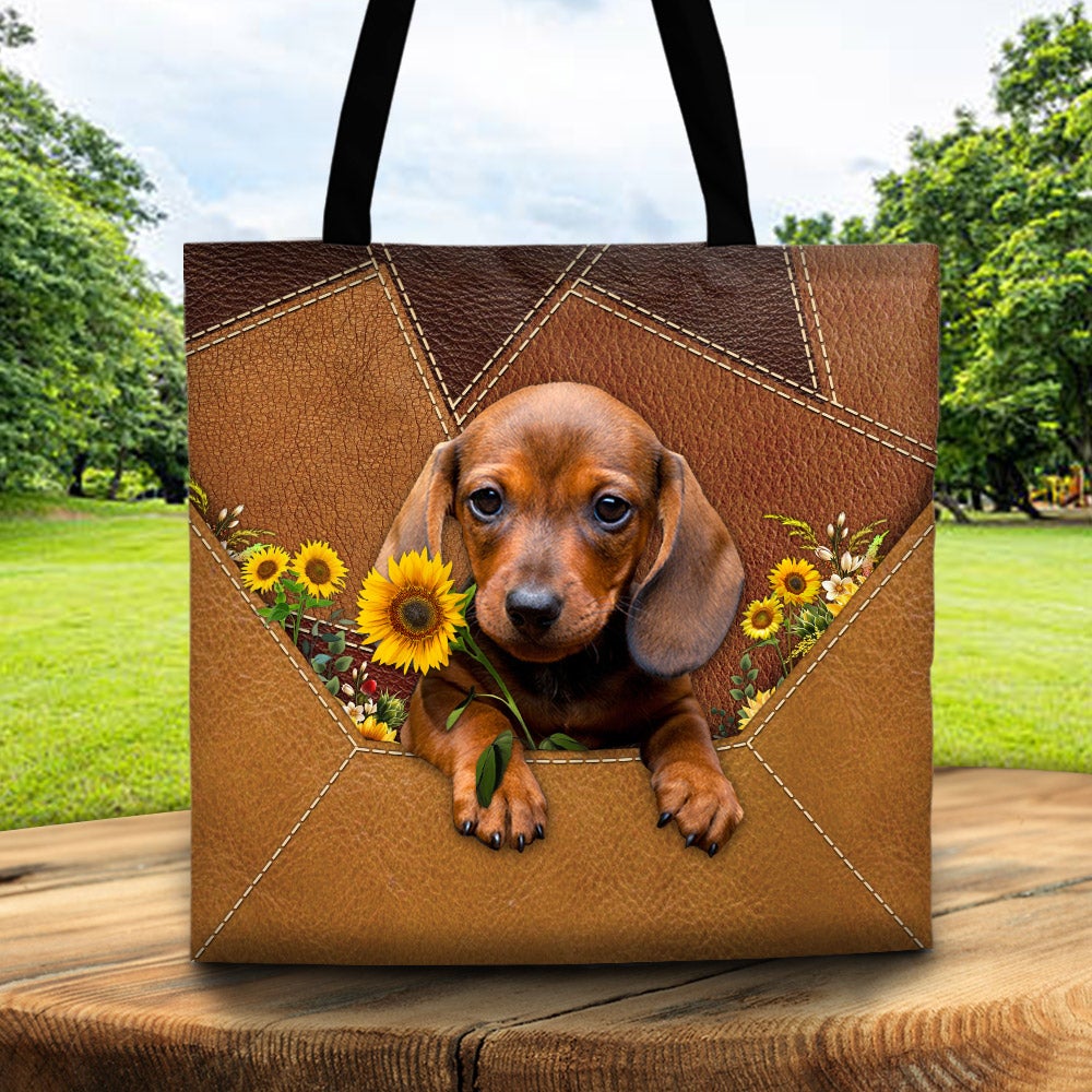Dachshund Holding Sunflower Tote Bag Cute Dachshund Sunflower Leather Pattern Tote Bag