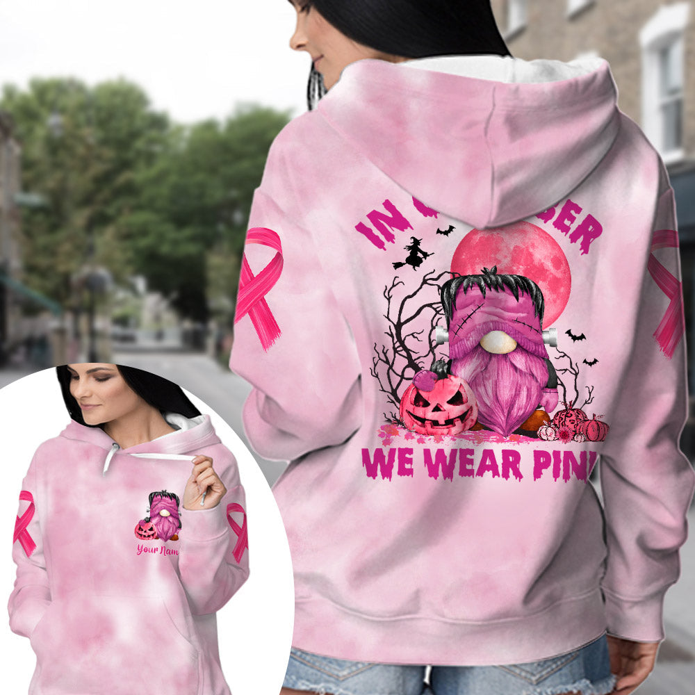 In October We Wear Pink, Shirts For Helping Raise Awareness Of Breast Cancer, Frankenstein Gnome Halloween, Name Can Be Changed