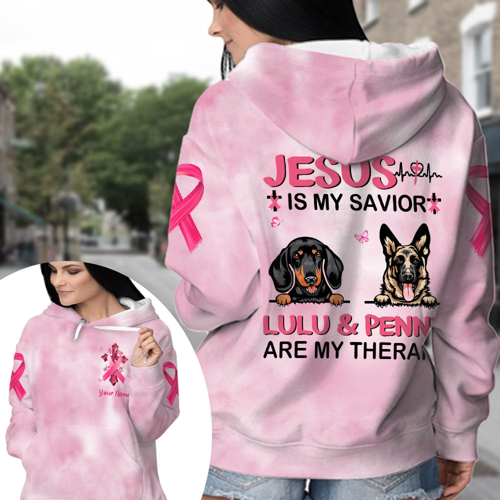 Personalized Dog Mom All Over Print Shirts, Jesus Is My Savior, My Dogs Are My Therapy, Breast Cancer Awareness