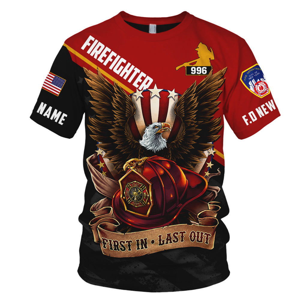 Custom Shirt Gift For Firefighter - Personalized Gifts For Fireman - First In Last Out Bald Eagle Shirt H2511