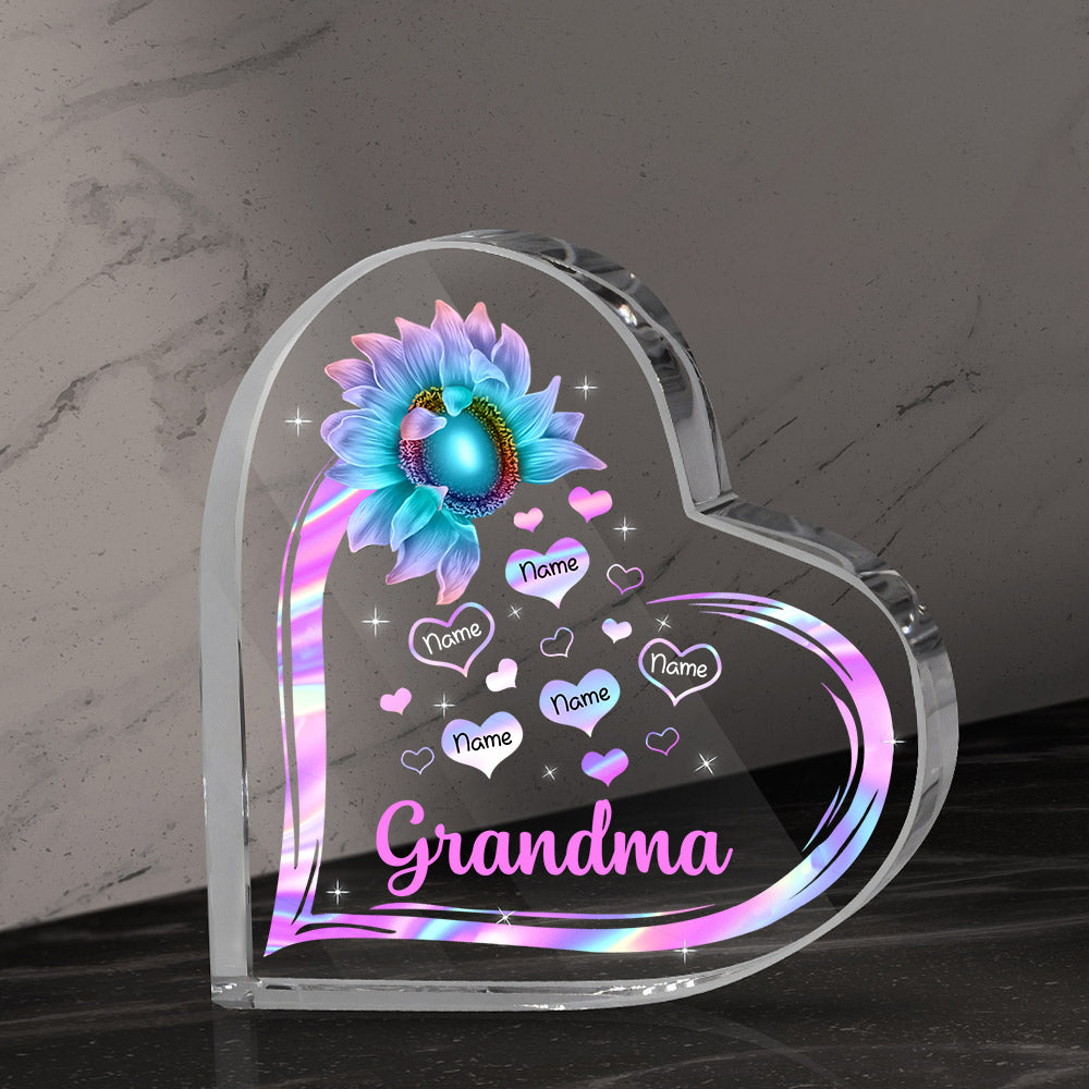 Personalized Acrylic Plaque Gift For Grandma - Custom Gifts For Grandma - Grandma Hologram Sunflower Flying Heart Acrylic Plaque